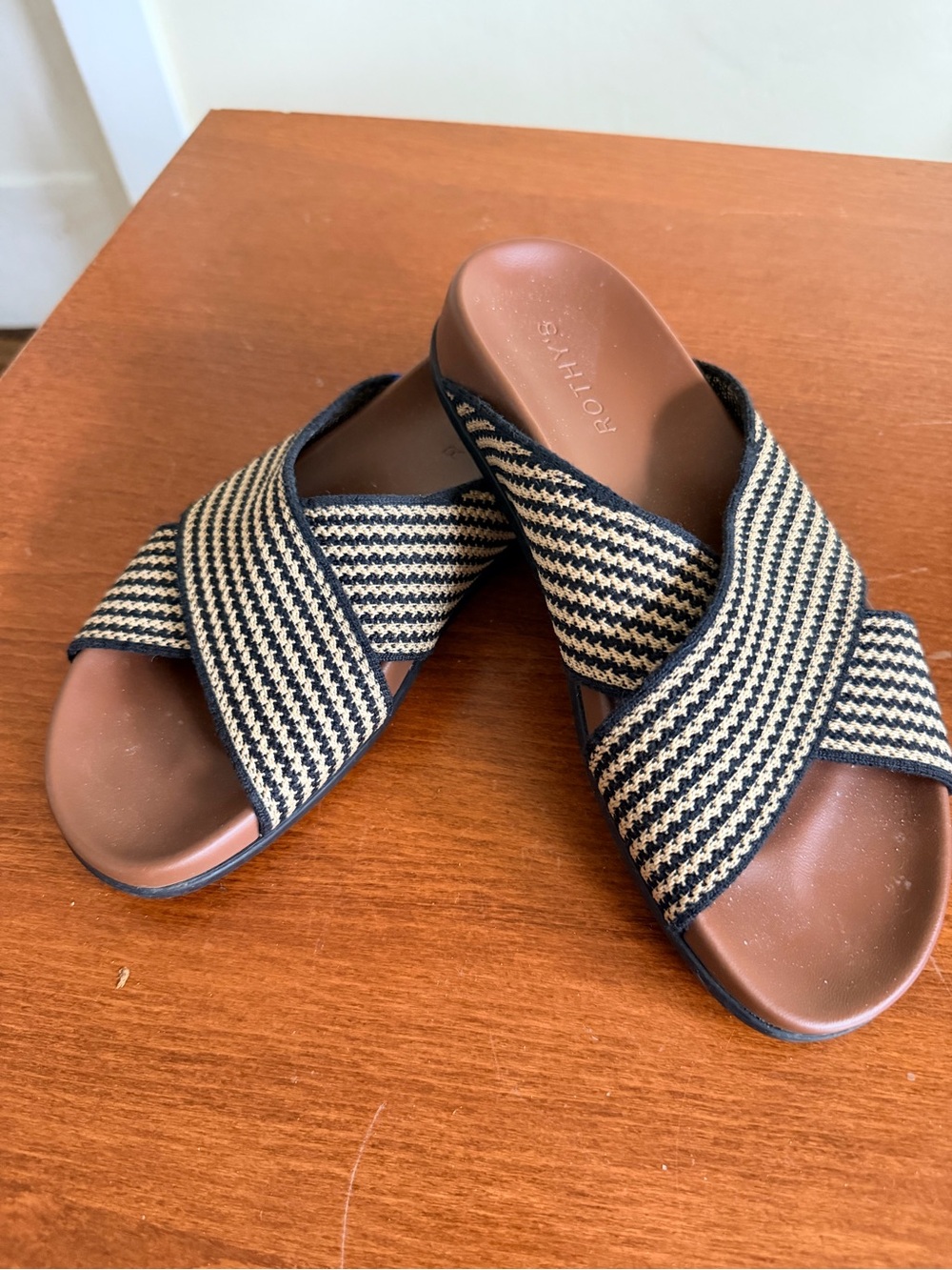 Rothy's Women's Crossband Slide Sandals in Navy & Cream with Brown Footbed